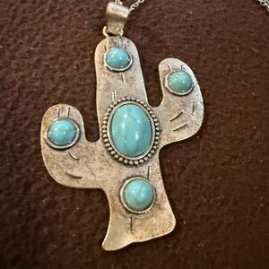 Silver Cactus Pendant with Turquoise Stones